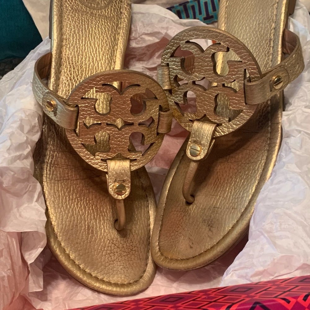 Tory Burch Miller Pebbled Leather Gold Sandal